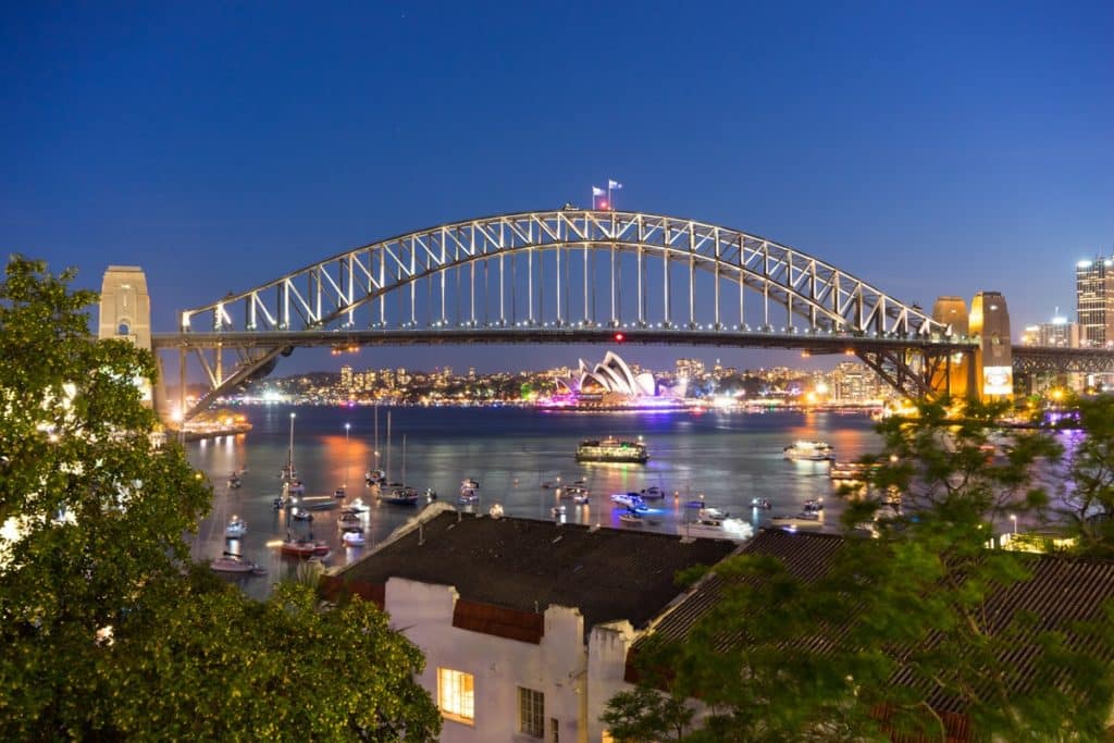 The Sydney Harbour Bridge at night, viewed from the lookout at McMahon's Point.