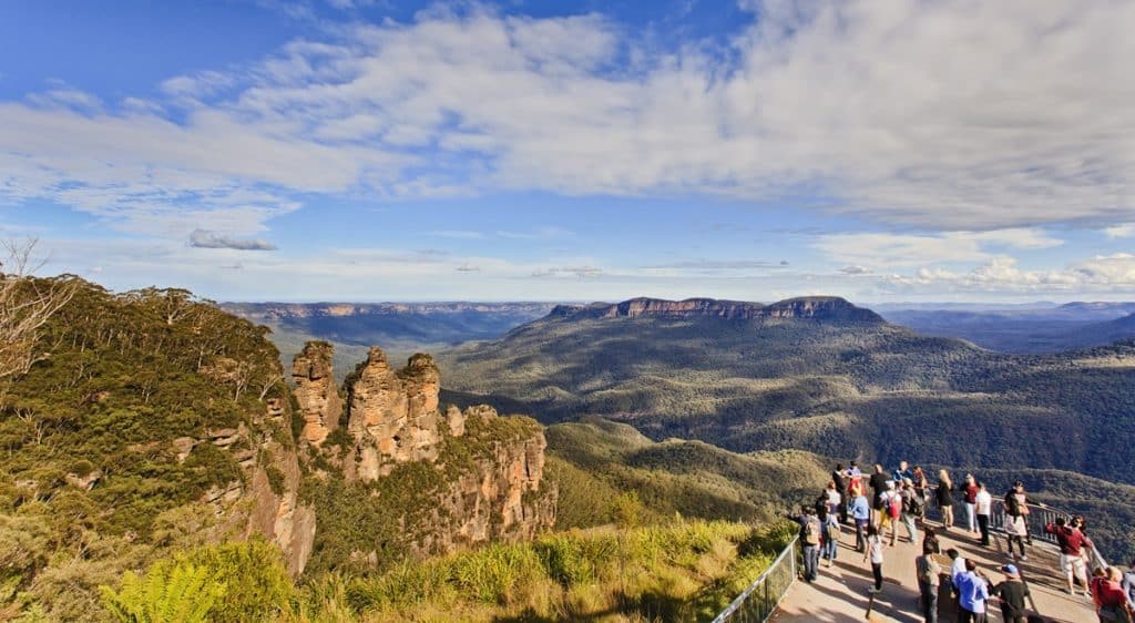 A sunny day at Echo Point in the Blue Mountains, with people clustered around the lookout. The Three Sisters are visible in the background.