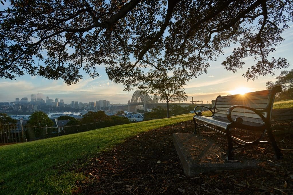 Sunrise over Observatory Hill Park, one of Sydney's favourite lookouts. A bench is in the foreground, and the Harbour Bridge is in the background.