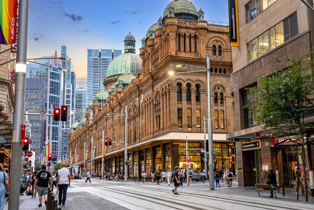 a busy street in town hall, sydney