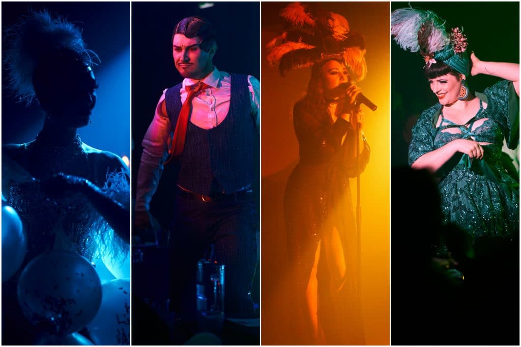 collage of variety show performers, woman in balloon outfit, man in shirt and vest posing, woman in feather hat singing, and woman dressed in green