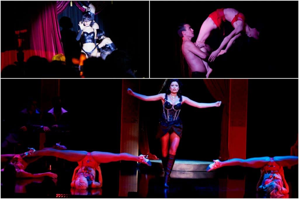 collage of burlesque performers on stage in various poses and acts