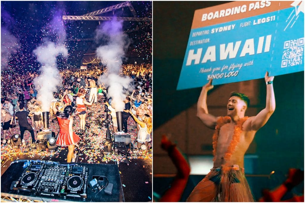 smoke machines on stage and crowd celebrating next to shirtless man with oversized boarding pass to hawaii