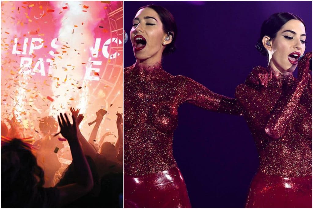 lip sync battle stage at bingo loco and image of the veronicas performing in red sequined outfits