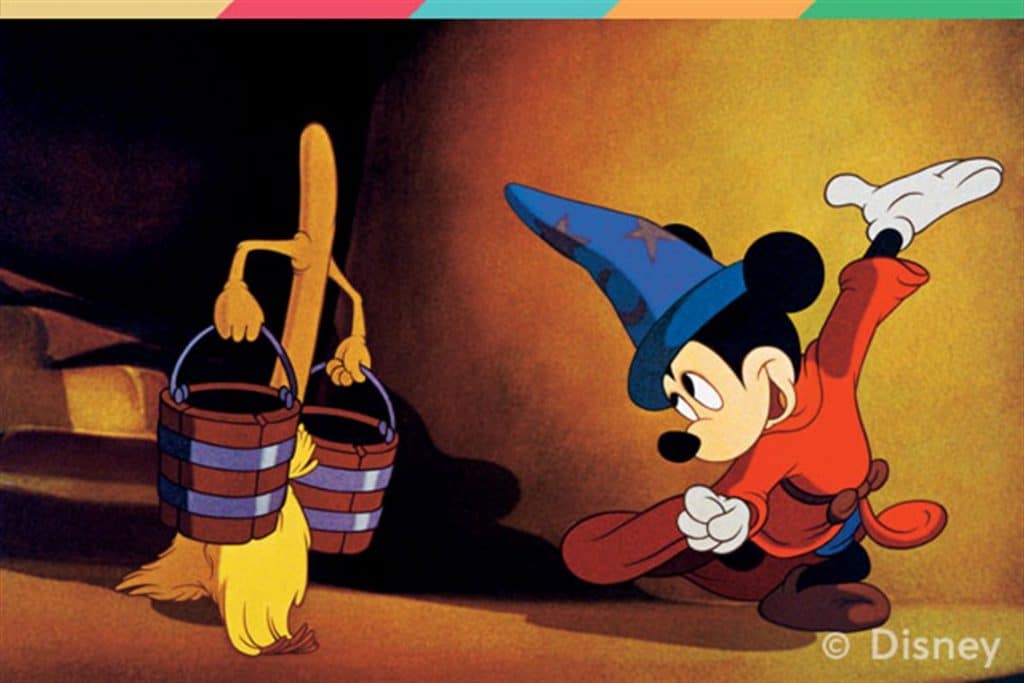 mickey mouse in fantasia dancing with broomstick