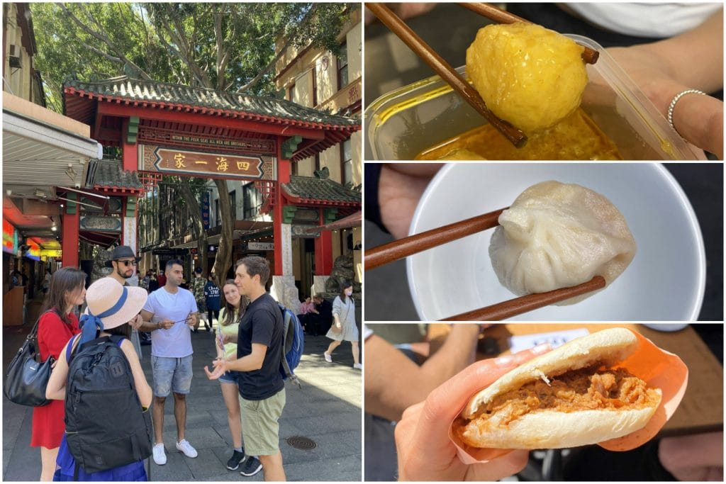 collage of tour group as well as street eats rou jia mo, curry fish balls and soup dumplings