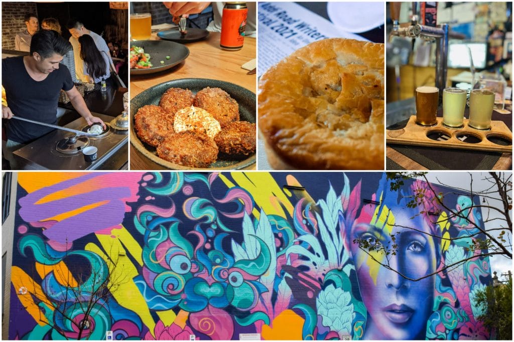 collage of street art mural and food, pie tin, beer flight, hakiki and other delights