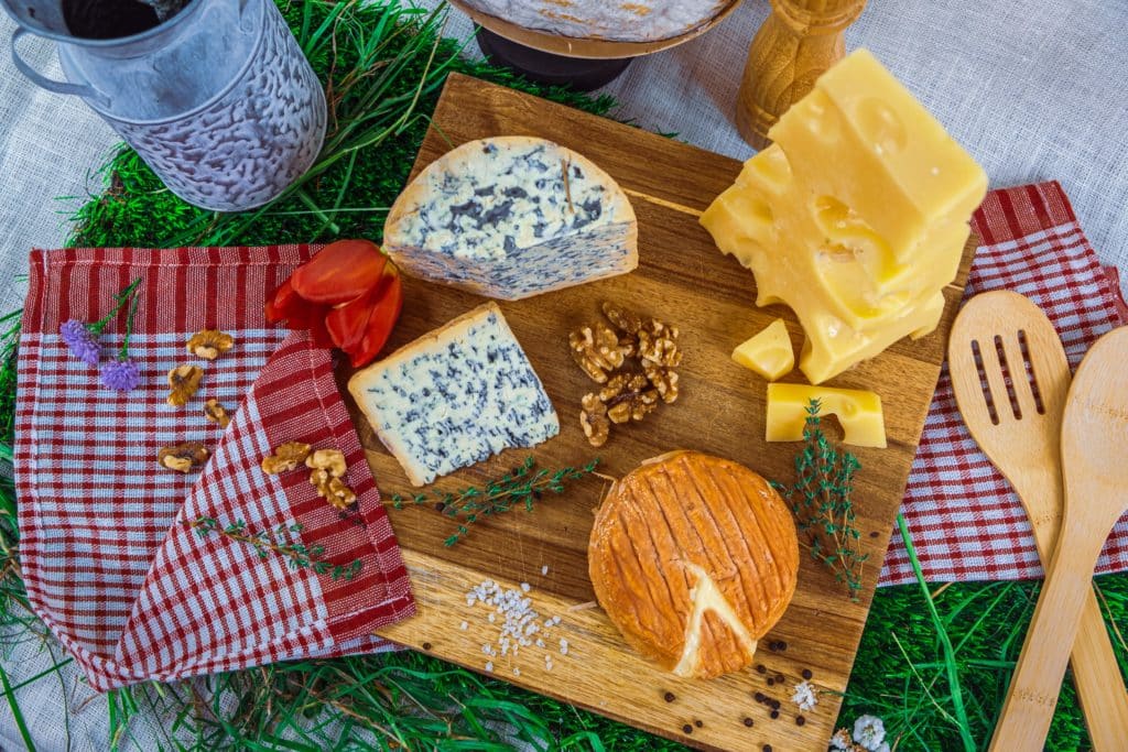 A grazing board with cheeses