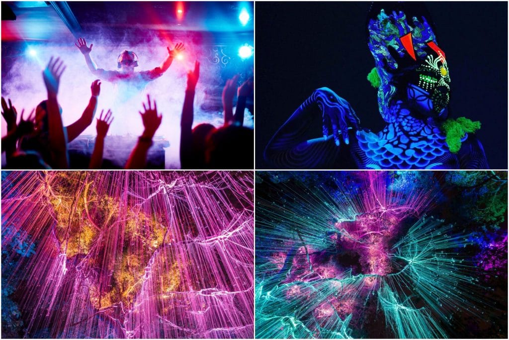 collage of neon drenched images, light installations and glow-in-the-dark paint costume for music and dance festival