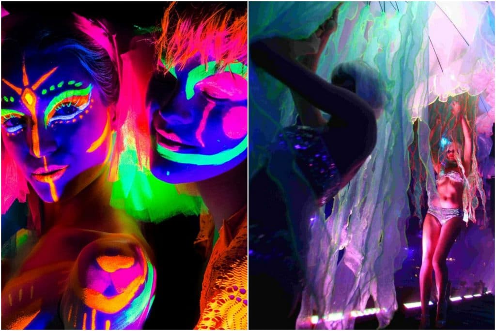 side by side image of two women with glow in the dark paint costumer and dancers underneath what looks like jellyfish light installations