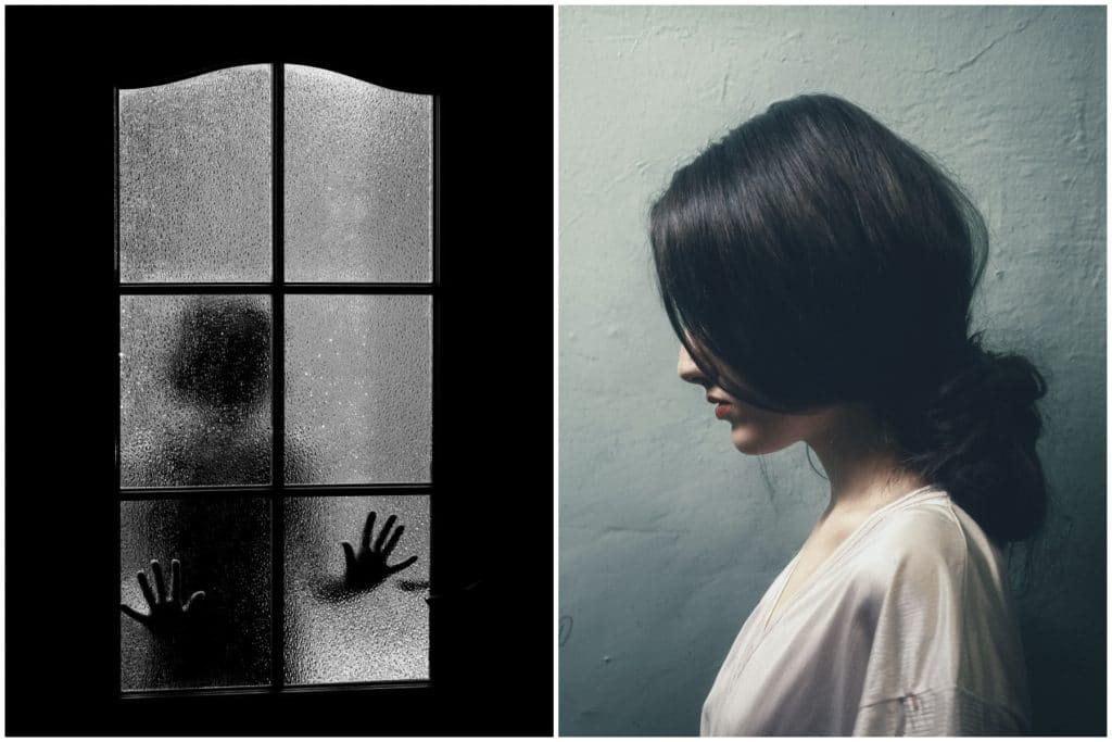 left image of silhouette behind window in door and right image of woman, side potrait, with hair covering face