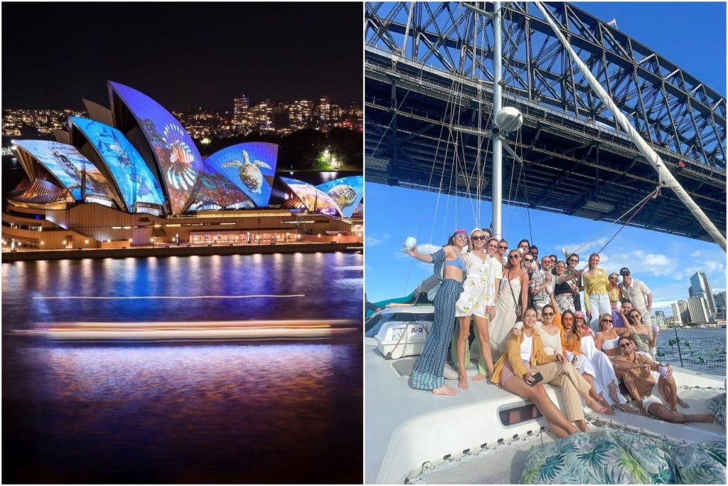 side by side image of opera house sydney lit up for vivid and group of people on catamaran under sydney harbour bridge