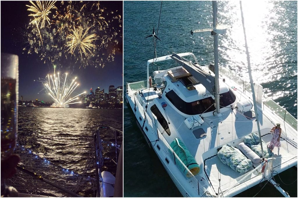 side by side image of fireworks and champagne next to catamaran in the harbour