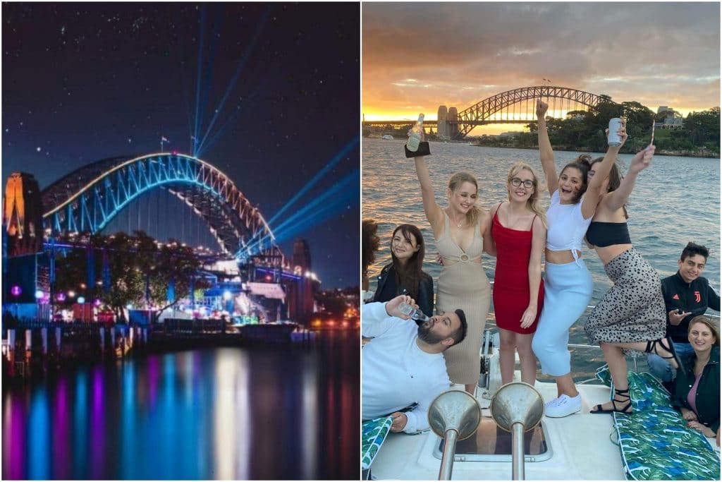 side by side image of harbour bridge lit up during vivid Sydney and group of people on catamaran this week