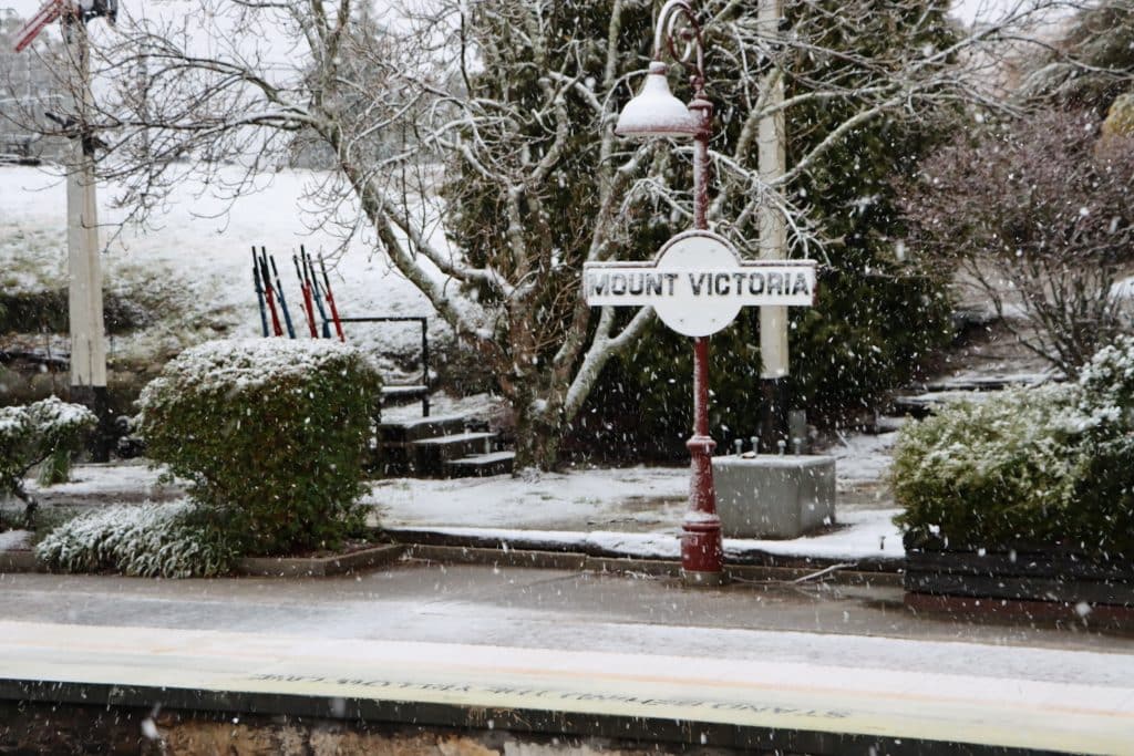 snow fall at a railway station at mount victoria, blue mountains