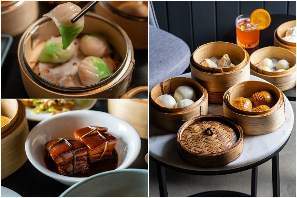 collage of yum cha sharing plates from chefs gallery in sydney, dumplings, braised pork and prawn har gow