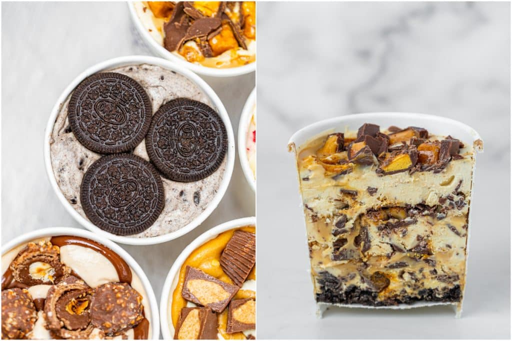 oreo and peanut butter cheesecake tubs by thicc cookies