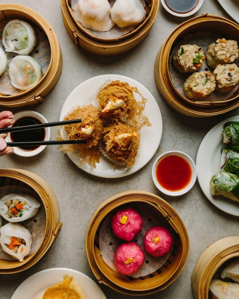 vegan yum cha spread with dumplings and dim sum at bodhi