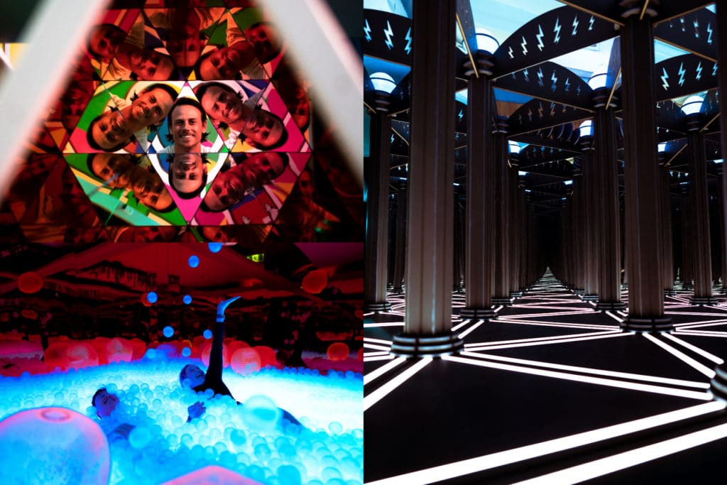 collage of experiences at chaos lab sydney including optical illusions, neon ball pit and mirror maze