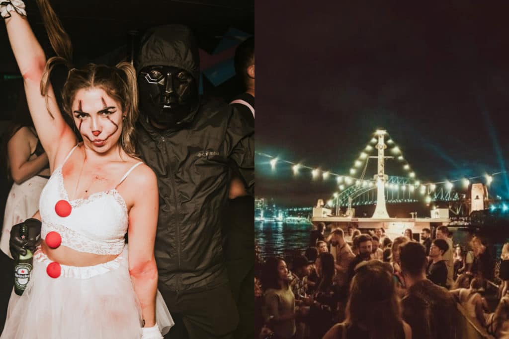 couple dressed in halloween costumes and another image of a boat party on the sydney harbour