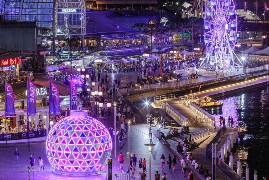 baubles and lights in darling harbour during christmas