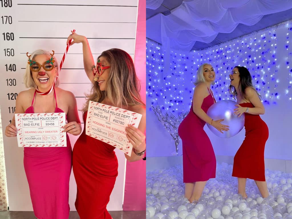 side by side photos of two young women dressed in red posing at a chirstmas selfie studio with props and a ball pit