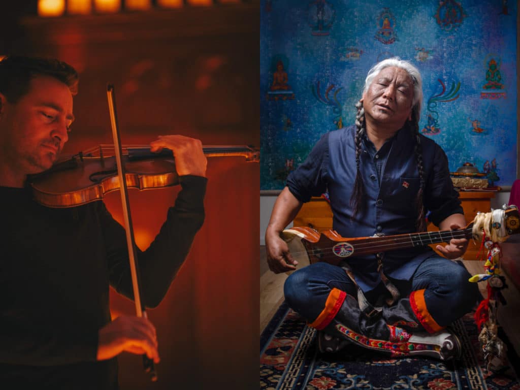 side by side image of dan russell of pheonix collective and tenzin Choegyal, both playing their instruments
