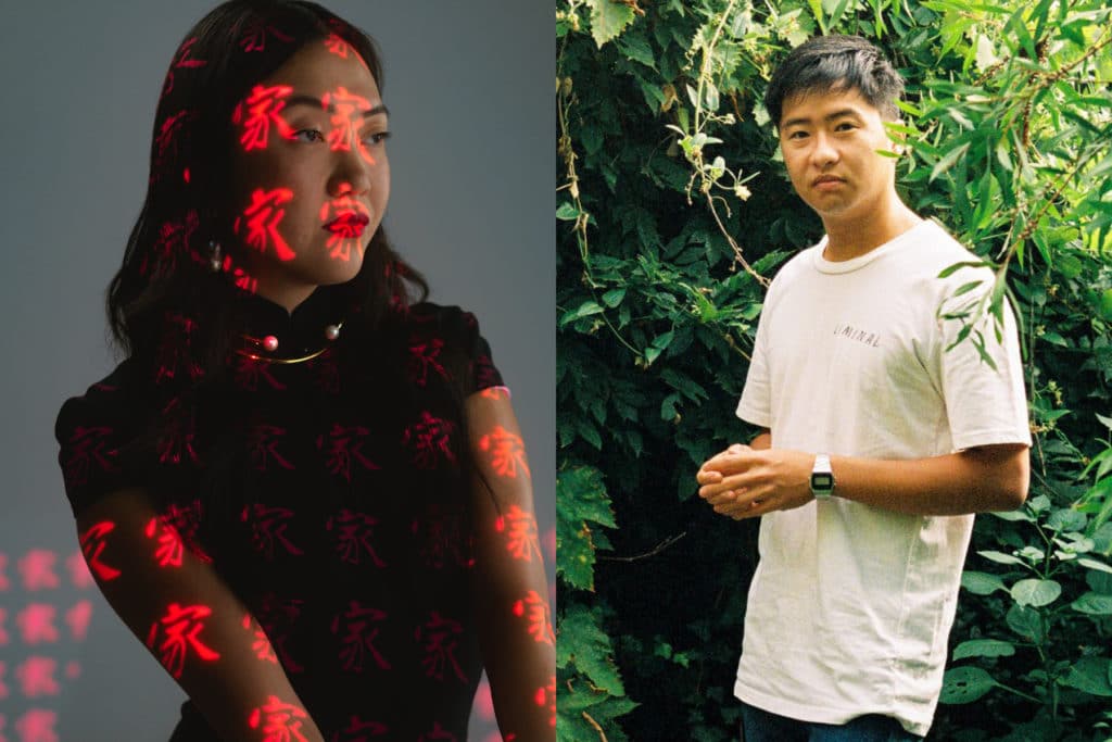 promo shots of artists Rainbow Chan with Chinese characters illuminating face and another of Yeo wearing white t-shirt in a garden