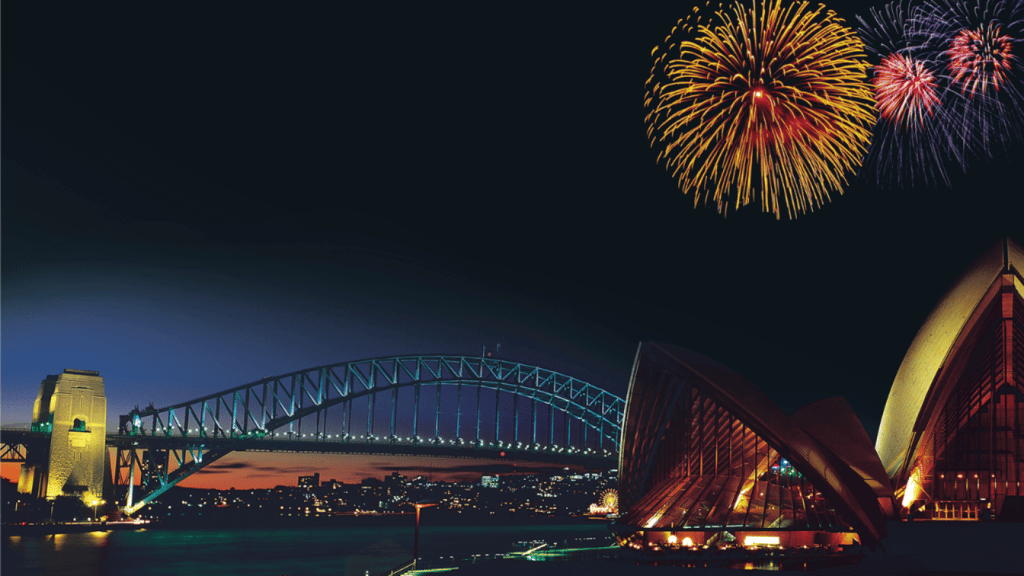 fireworks over sydney opera house and harbour bridge