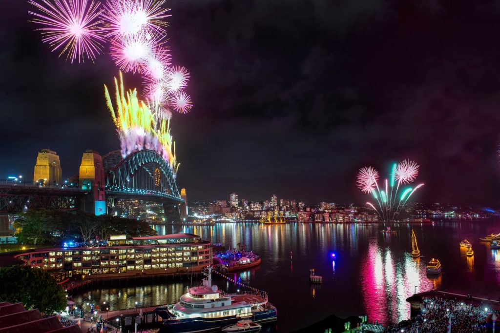 view of fireworks from the rocks