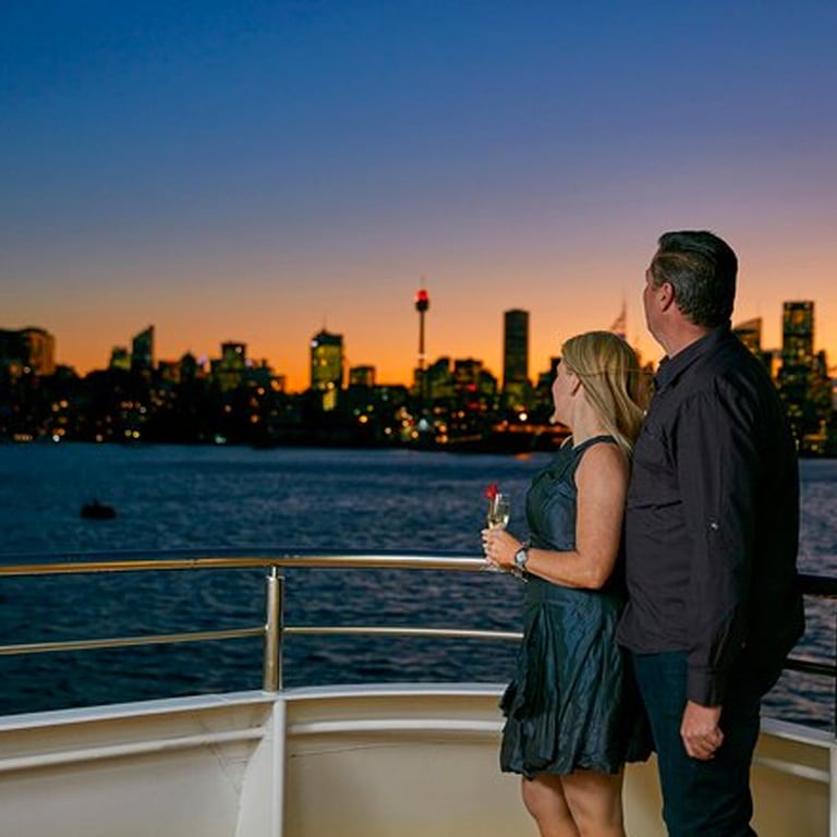 A man and a woman on the deck of a cruise ship looking at the view at sunset