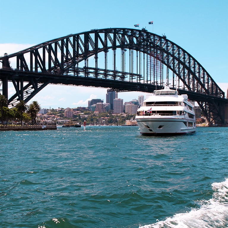 Cruise ship sailing in front of Sydney bridge
