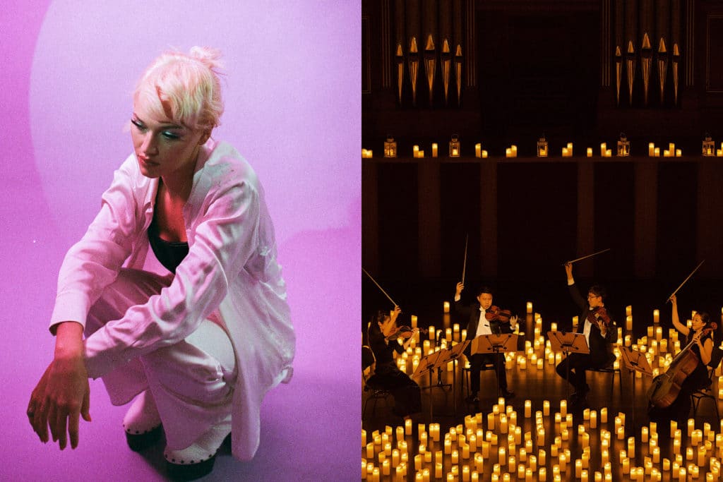 promo shot of joy. artist musician on left in white outfit in front of purple background and string quartet surrounded by candles on the right