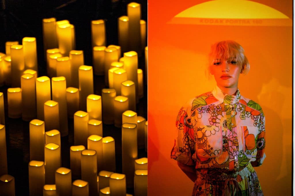 candles in the left picture with black background and promo shot of JOY. musician artist on the right with an orange-hued sunset coloured background