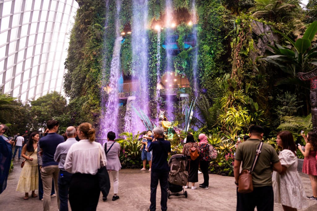 indoor waterfall in singapore botanic gardens, illuminated and with plenty of people around