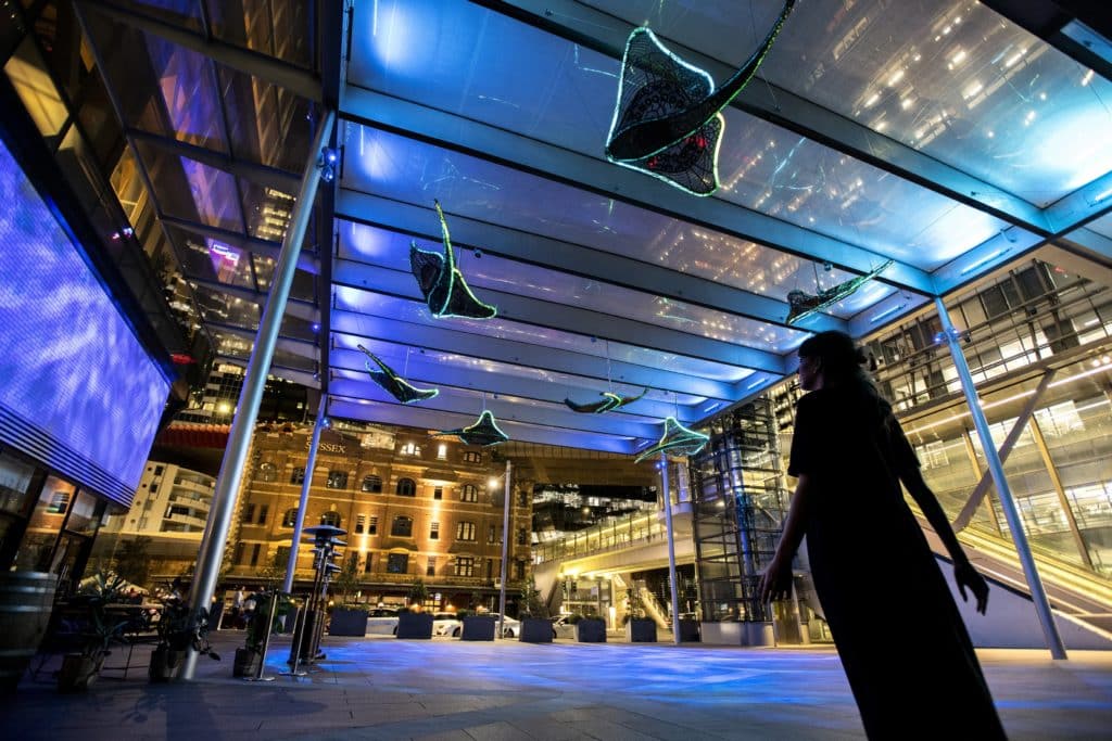 person looking up at an illuminated public artwork
