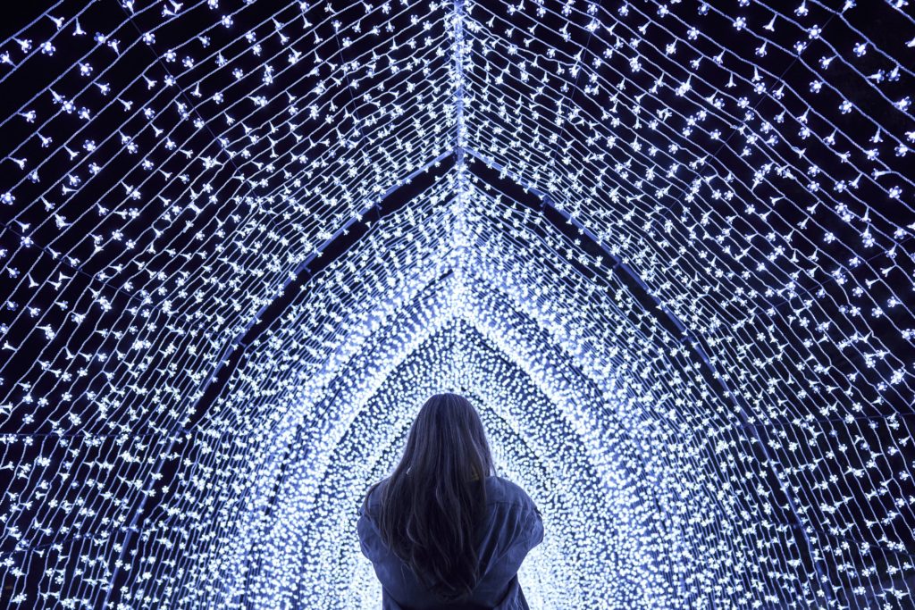 a person posing under a dome of fairy lights
