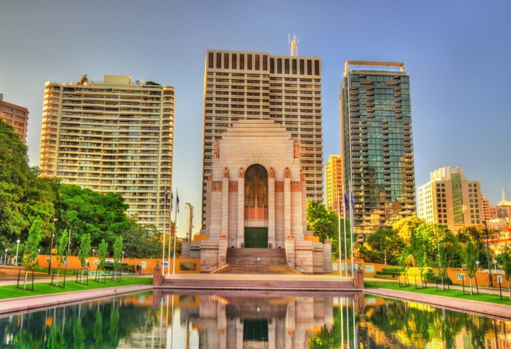 the anzac memorial and pool of reflection at hyde park