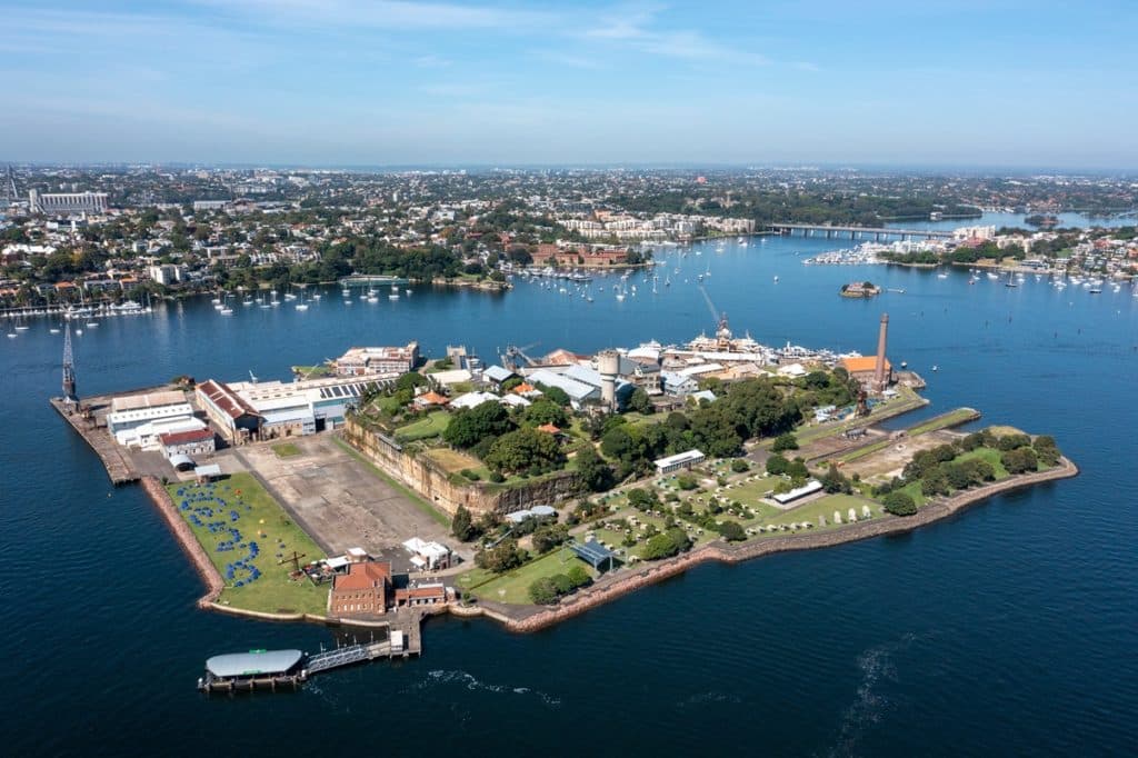 An aerial view of Cockatoo Island in Sydney Harbour.